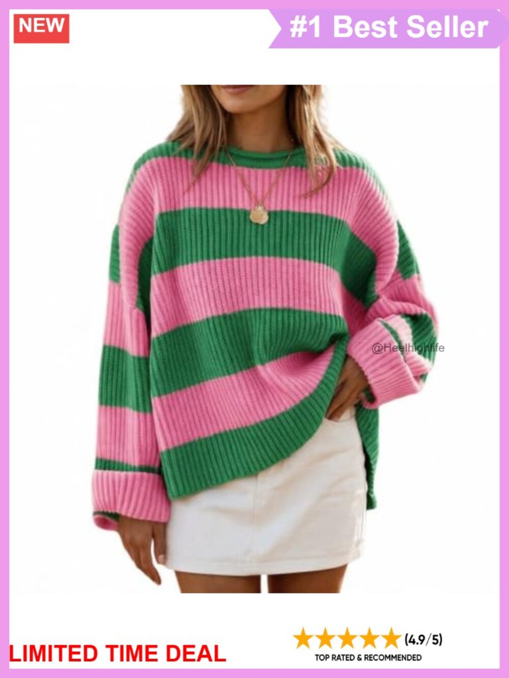Womens Oversized Striped Long Sleeve Sweater Pullover Crew Neck